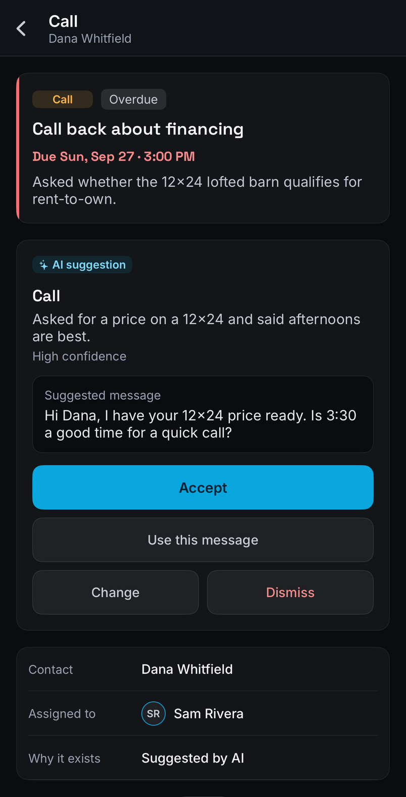 SalesBeast mobile app: an AI follow-up suggestion with a drafted message