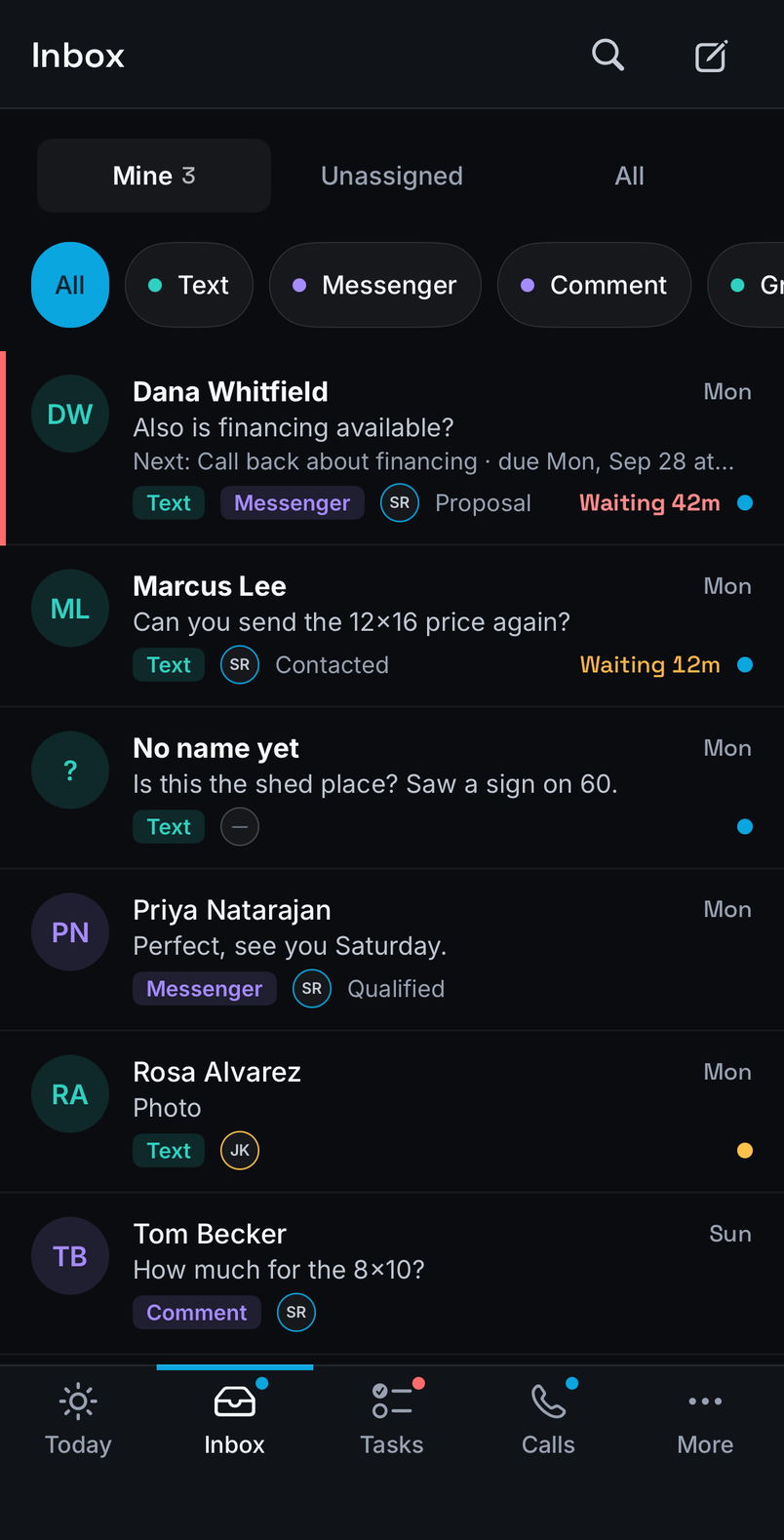 SalesBeast mobile app: the Inbox with text, Messenger and comment threads