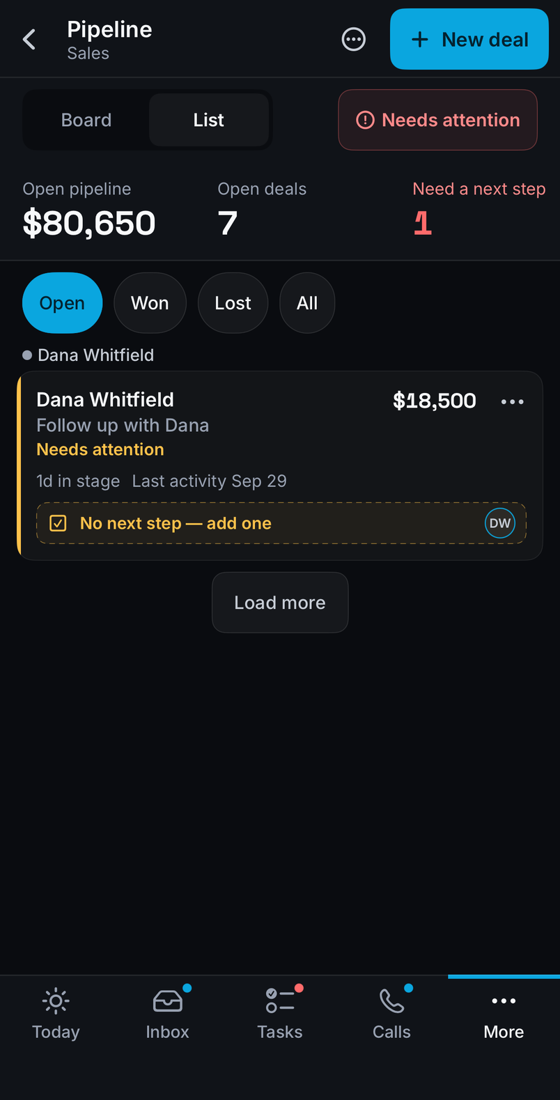 SalesBeast mobile app: the Pipeline with open value and a deal needing attention