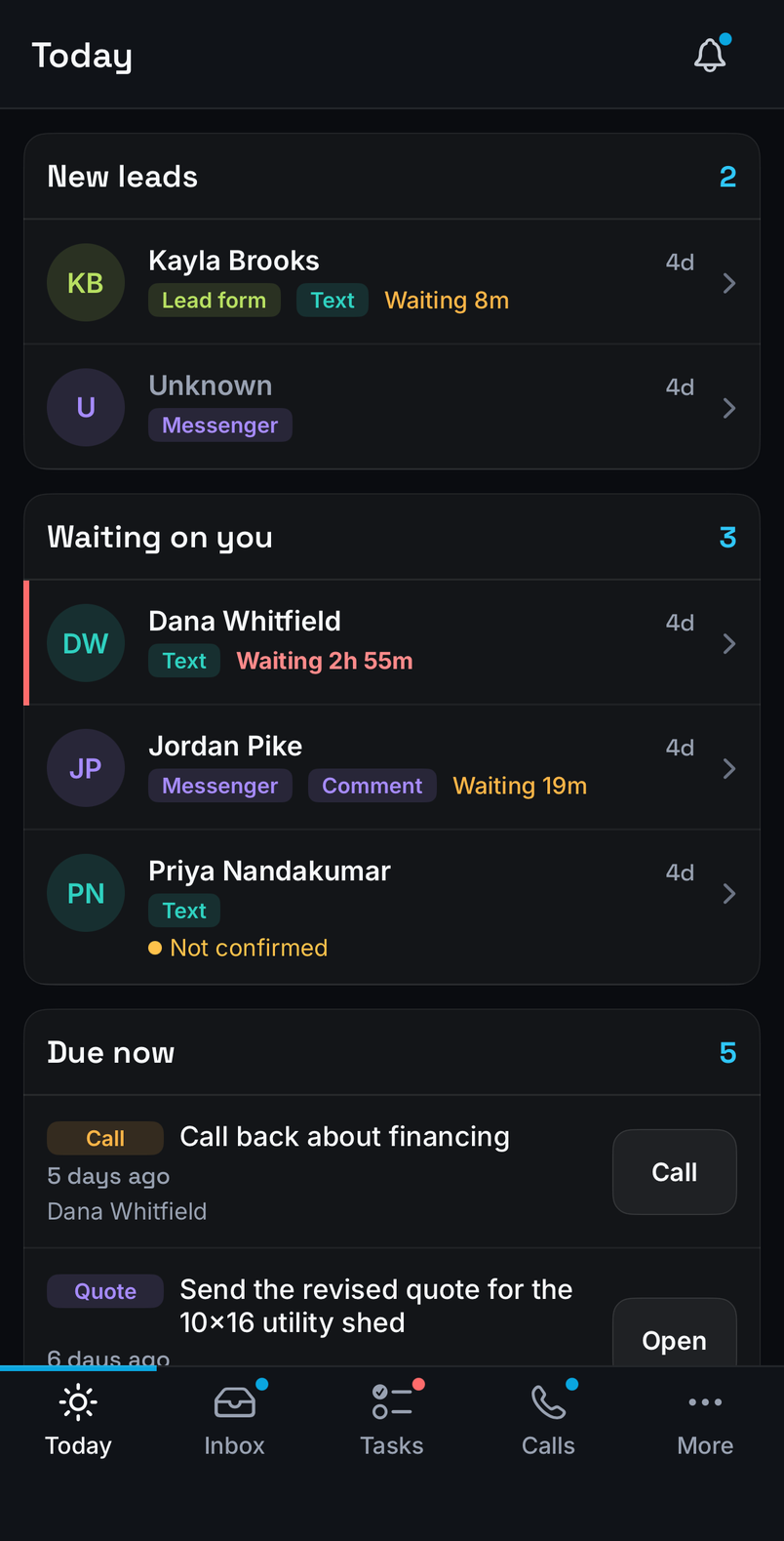 SalesBeast mobile app: the Today screen with new leads, waiting-on-you and due-now tasks